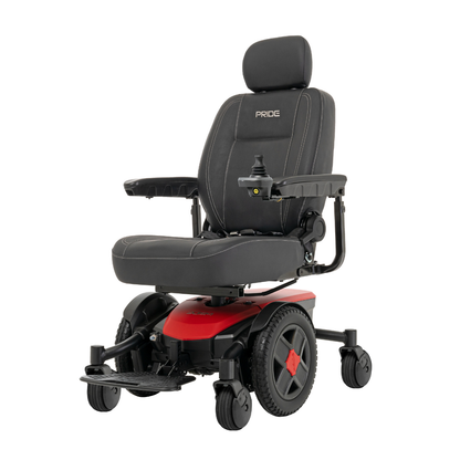 The Pride Mobility Jazzy® EVO 613 Powerchair with ATX Suspension is a black and red electric wheelchair featuring Mid-Wheel 6® Technology, a padded seat, backrest, headrest, armrests, and right-arm joystick for mobility assistance.