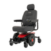 The Pride Mobility Jazzy® EVO 613 Powerchair with ATX Suspension is a black and red electric wheelchair featuring Mid-Wheel 6® Technology, a padded seat, backrest, headrest, armrests, and right-arm joystick for mobility assistance.