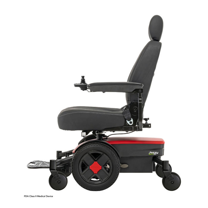 Side view of a black and red Pride Mobility Jazzy® EVO 613 Powerchair with ATX Suspension, armrests, high backrest, footplate, right-arm joystick control, four wheels, sturdy design, and advanced Mid-Wheel 6® Technology.