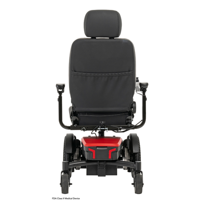A black and red Pride Mobility Jazzy® EVO 613 Powerchair with ATX Suspension, shown from the rear, features a padded seat, headrest, armrests, four wheels, and advanced Mid-Wheel 6® Technology for enhanced maneuverability.