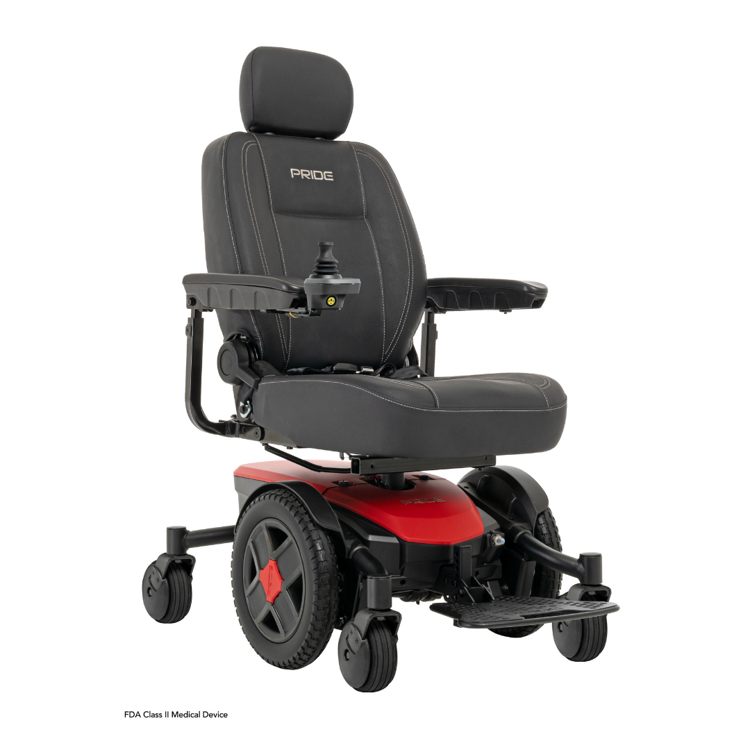 The black and red Pride Mobility Jazzy® EVO 613 Powerchair with ATX Suspension has a padded seat, backrest, armrests, headrest, right-side joystick, four wheels, footrest, and offers smooth rides.