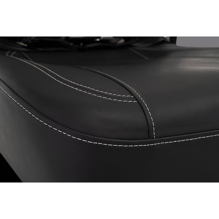 Close-up of a black leather seat with white stitching, highlighting detailed craftsmanship—featured on the Pride Mobility Jazzy® EVO 613 Powerchair with ATX Suspension, renowned for its premium design and smooth ride.