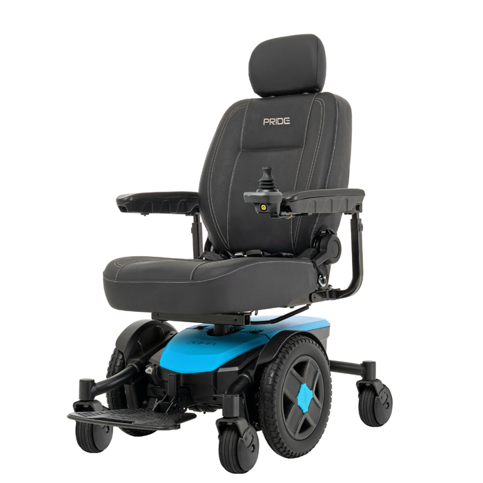 The Pride Mobility Jazzy® EVO 613 Powerchair with ATX Suspension has a black cushioned seat, adjustable armrests, right-arm joystick control, blue four-wheel base, PRIDE branding, and advanced Mid-Wheel 6® Technology for greater stability.