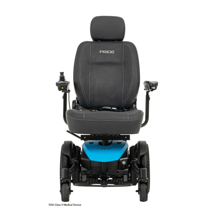 A black Pride Mobility Jazzy® EVO 613 Powerchair with ATX Suspension, blue base, padded seat, headrest, armrests, and left-arm joystick controller is shown from the front. The Pride logo is on the backrest. It features Mid-Wheel 6® Technology.