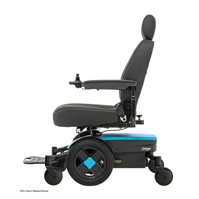 Side view of the Pride Mobility Jazzy® EVO 613 Powerchair with ATX Suspension, featuring a black seat and armrests, blue base, large rear wheels, right-arm joystick control, and Mid-Wheel 6® Technology for enhanced stability.
