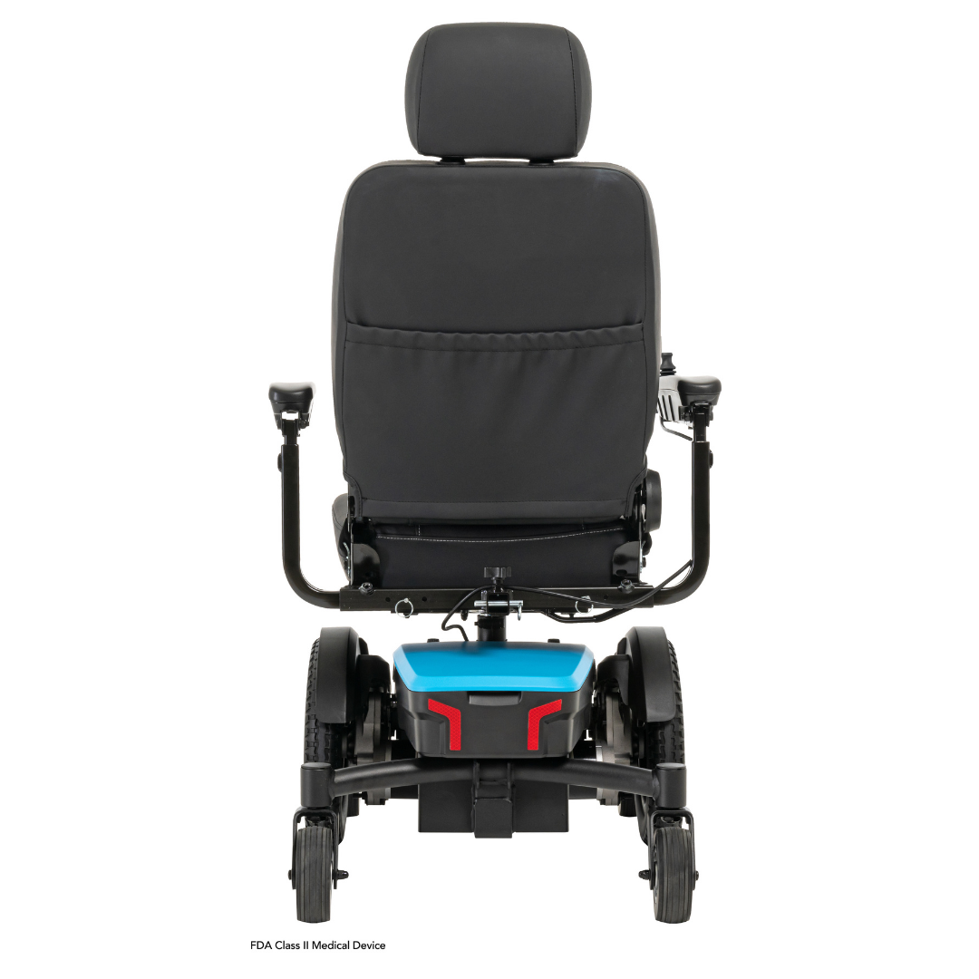 Rear view of a black Pride Mobility Jazzy® EVO 613 Powerchair with ATX Suspension, blue base, armrests, padded seat, and headrest against a white background. Includes Mid-Wheel 6® Technology for greater stability and maneuverability.