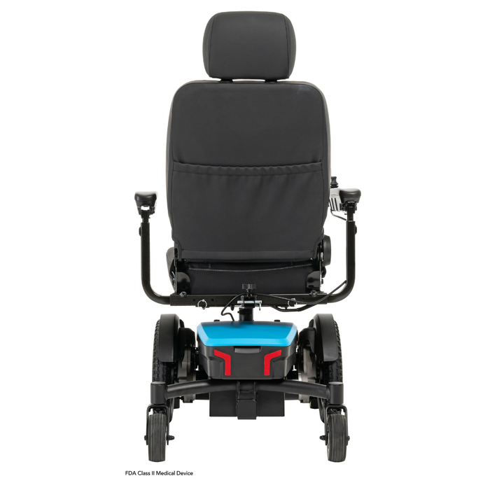 Rear view of a black Pride Mobility Jazzy® EVO 613 Powerchair with ATX Suspension, blue base, armrests, padded seat, and headrest against a white background. Includes Mid-Wheel 6® Technology for greater stability and maneuverability.