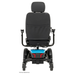 Rear view of a black Pride Mobility Jazzy® EVO 613 Powerchair with ATX Suspension, blue base, armrests, padded seat, and headrest against a white background. Includes Mid-Wheel 6® Technology for greater stability and maneuverability.