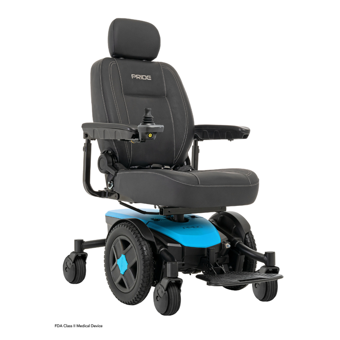 The Pride Mobility Jazzy® EVO 613 Powerchair with ATX Suspension features a black cushioned seat, armrests, headrest, blue base, Mid-Wheel 6® Technology for stability, and a right-arm joystick for easy control.