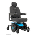 The Pride Mobility Jazzy® EVO 613 Powerchair with ATX Suspension features a black cushioned seat, armrests, headrest, blue base, Mid-Wheel 6® Technology for stability, and a right-arm joystick for easy control.