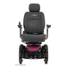 A black and pink Pride Mobility Jazzy® EVO 613 Powerchair with ATX Suspension, featuring padded seat, headrest, and left-arm joystick control. Pride is visible on the seat back in this front view.