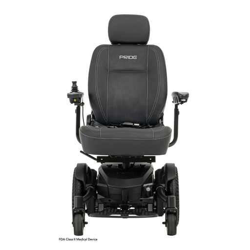 The Pride Mobility Jazzy® EVO 613 Powerchair with ATX Suspension is shown from the front on a white background. This black powerchair features a padded seat, armrests, headrest, right-arm joystick control, and Mid-Wheel 6® Technology for stability.