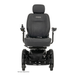 The Pride Mobility Jazzy® EVO 613 Powerchair with ATX Suspension is shown from the front on a white background. This black powerchair features a padded seat, armrests, headrest, right-arm joystick control, and Mid-Wheel 6® Technology for stability.