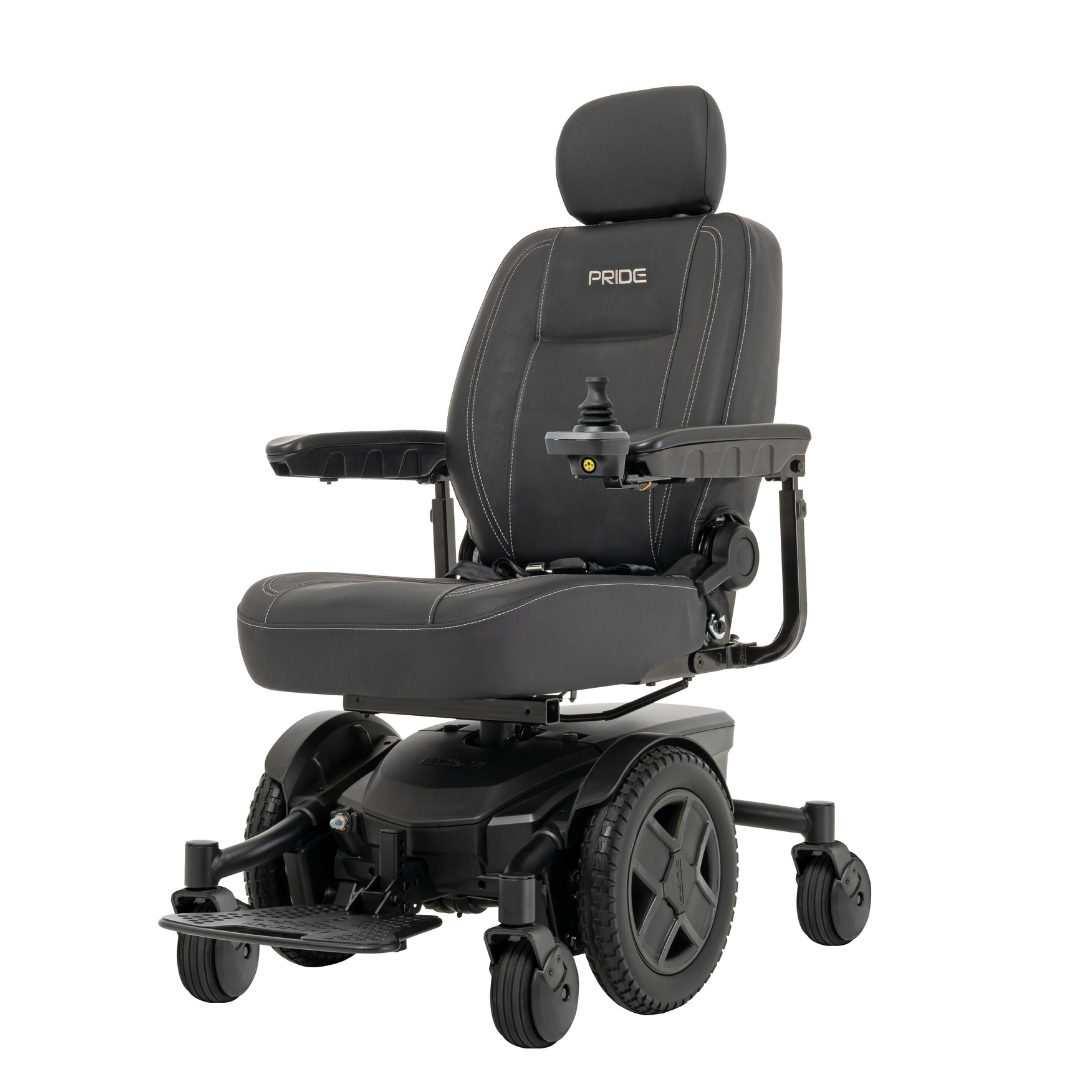The Pride Mobility Jazzy® EVO 613 Powerchair with ATX Suspension in black offers a padded seat, adjustable headrest, armrests, footrest, right-side joystick control, and smooth rides with Mid-Wheel 6® Technology.