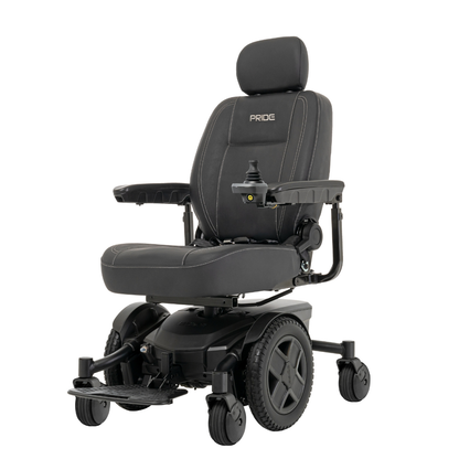 The Pride Mobility Jazzy® EVO 613 Powerchair with ATX Suspension in black offers a padded seat, adjustable headrest, armrests, footrest, right-side joystick control, and smooth rides with Mid-Wheel 6® Technology.