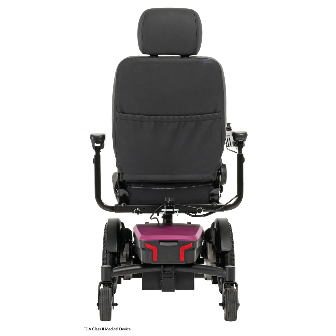 Rear view of a black Pride Mobility Jazzy® EVO 613 Powerchair with ATX Suspension featuring a high backrest, headrest, armrests, large wheels, purple and black base with red accents, and advanced Mid-Wheel 6® Technology.