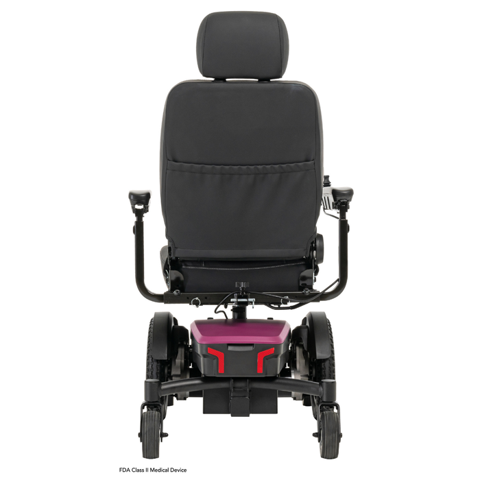Rear view of a black Pride Mobility Jazzy® EVO 613 Powerchair with ATX Suspension featuring a high backrest, headrest, armrests, large wheels, purple and black base with red accents, and advanced Mid-Wheel 6® Technology.