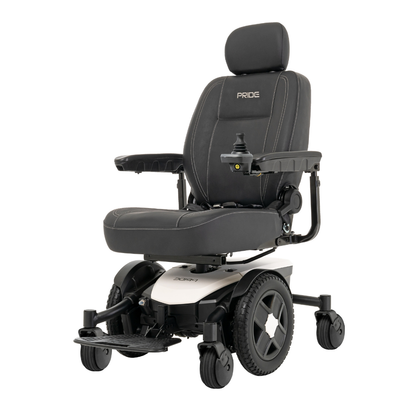 The Pride Mobility Jazzy® EVO 613 Powerchair with ATX Suspension is a black and white electric wheelchair featuring a padded seat, headrest, armrests, joystick control, large rear wheels, and Mid-Wheel 6® Technology for stability.