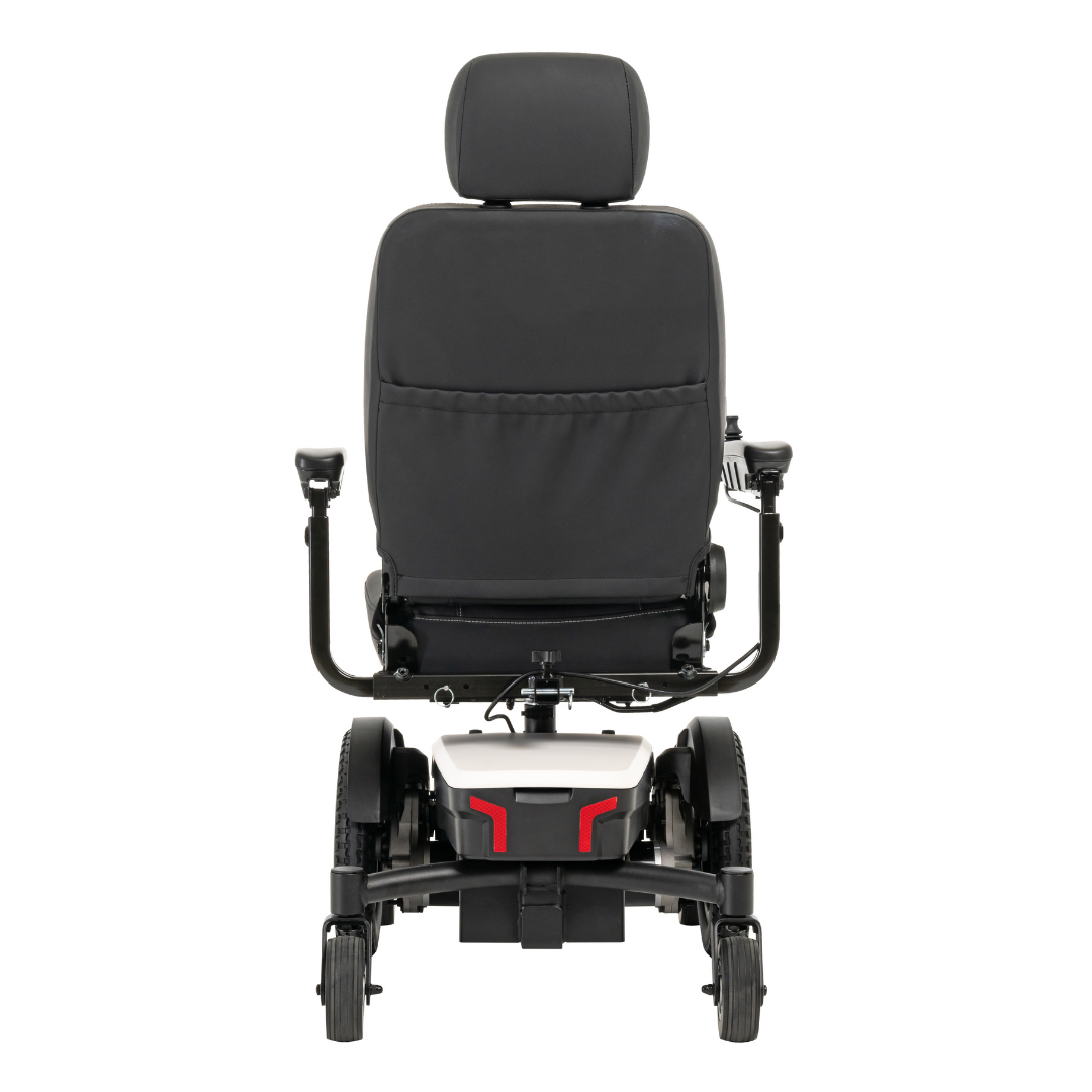 A rear view of the black and white Pride Mobility Jazzy® EVO 613 Powerchair with ATX Suspension, featuring a large backrest, headrest, armrests, and wheels with Mid-Wheel 6® Technology, shown on a plain white background.