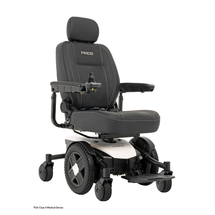 The Pride Mobility Jazzy® EVO 613 Powerchair with ATX Suspension is a black and white powered wheelchair featuring a padded seat, headrest, armrests, joystick control, sturdy wheels with Mid-Wheel 6® Technology, and Pride branding.