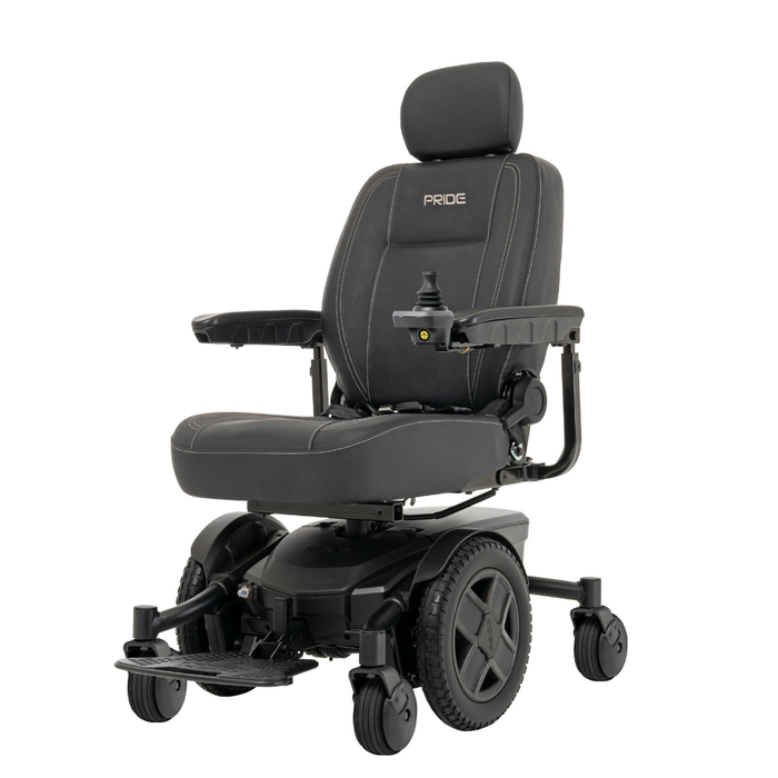 The Pride Mobility Jazzy® EVO 613 Powerchair with ATX Suspension in black offers a padded seat, adjustable headrest, armrests, footrest, right-side joystick control, and smooth rides with Mid-Wheel 6® Technology.