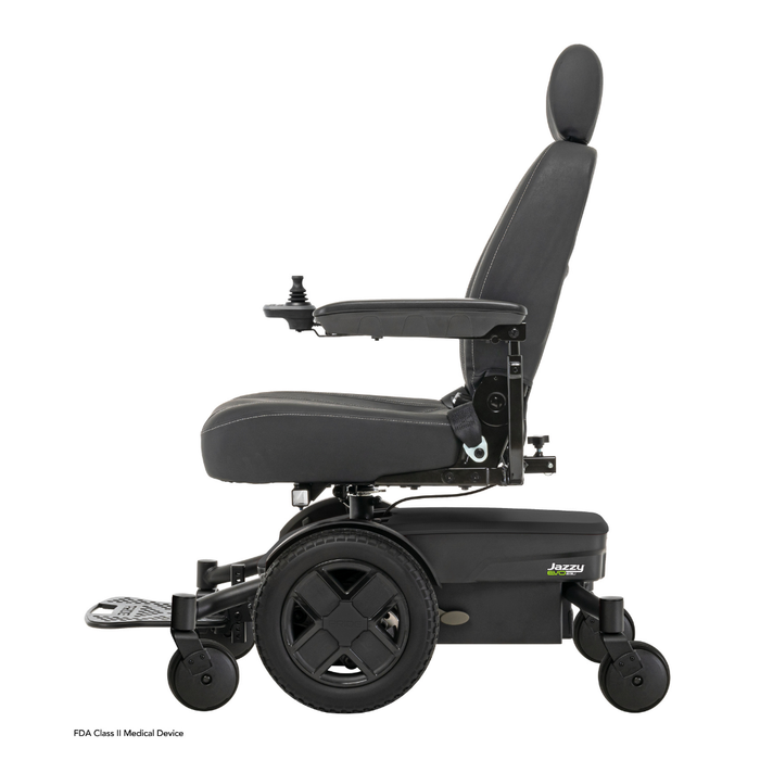 A black Pride Mobility Jazzy® EVO 613 Powerchair with ATX Suspension is shown from the side, featuring a high backrest, cushioned seat, armrests, joystick control, large rear wheels with Mid-Wheel 6® Technology, and visible Jazzy branding near the base.