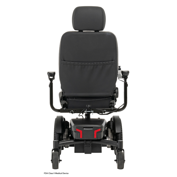 A black Pride Mobility Jazzy® EVO 613 Powerchair with ATX Suspension is shown from the rear, featuring large wheels with Mid-Wheel 6® Technology, armrests, a padded seat with headrest, and red accents at the base.