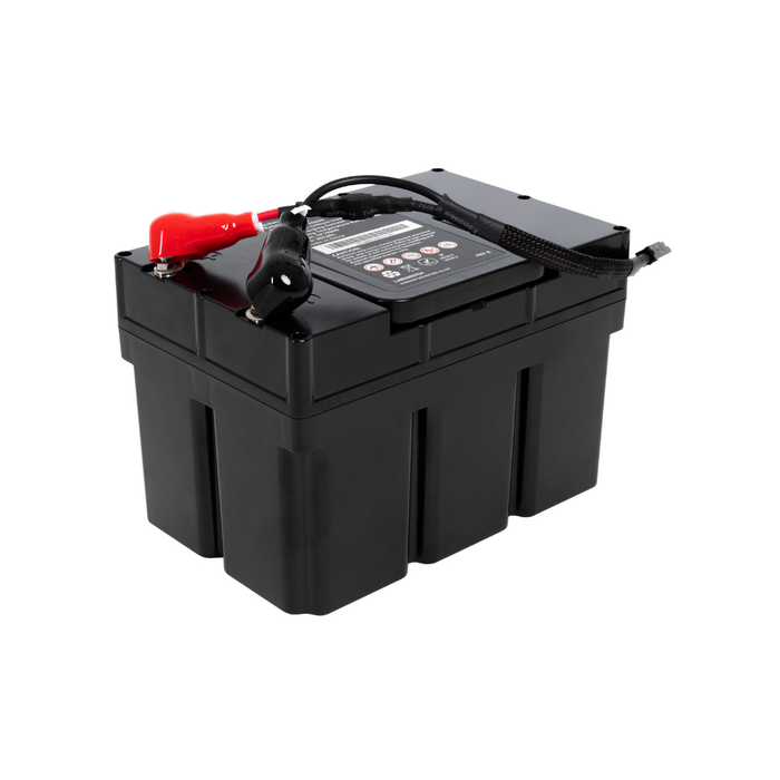 A black rectangular battery box with label, red and black terminal connector, and cable is shown on a white background—designed for the Pride Mobility Jazzy® EVO 613 Powerchair with ATX Suspension.