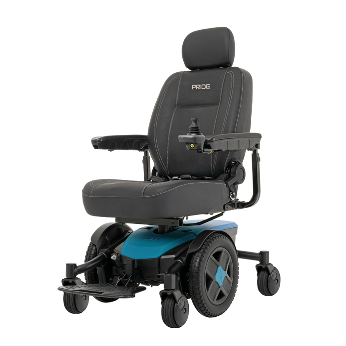 The Pride Mobility Jazzy® EVO 613 Powerchair with ATX Suspension features a black cushioned seat, armrests, headrest, joystick controller, blue base, four wheels, and Mid-Wheel 6® Technology for enhanced stability.