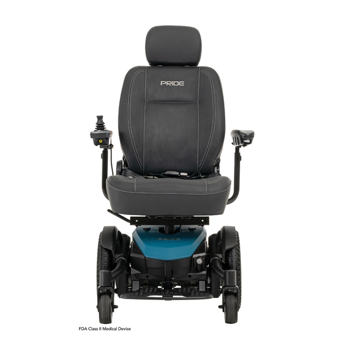 A black Pride Mobility Jazzy® EVO 613 Powerchair with ATX Suspension features a padded seat, headrest, right-side joystick, armrests, and a blue base with Mid-Wheel 6® Technology. PRIDE appears on the seat back.