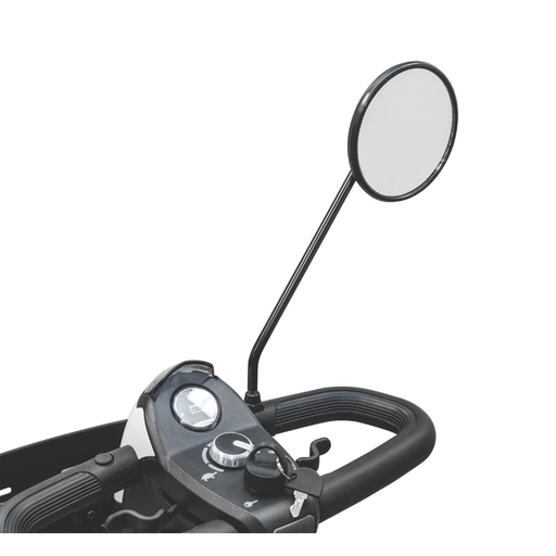 A close-up of the Pride Mobility Scooter Rearview Mirror attached to a scooter’s handlebars and control panel, displayed on a white background as an essential safety accessory.