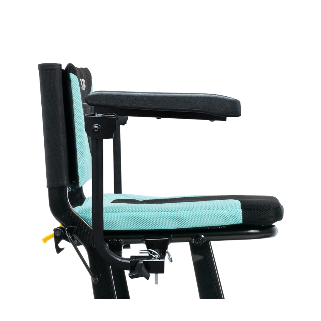 A side view of the Pride Mobility Go Go® Scooter seat showcases a sleek turquoise and black design. It features cushioned armrests, a lightweight frame, and an adjustable mechanism similar to that of a modern wheelchair.