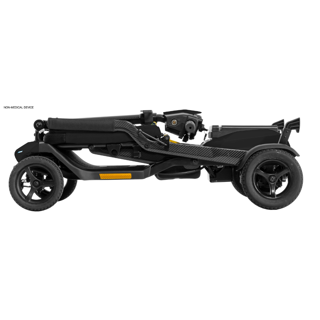 The Pride Mobility Go Go® Super Portable Mobility Scooter boasts a sleek black design with small rear wheels, larger dual front wheels, yellow safety markings, and an airline-approved battery. Lightweight and compact, its ideal for convenient transport and storage.
