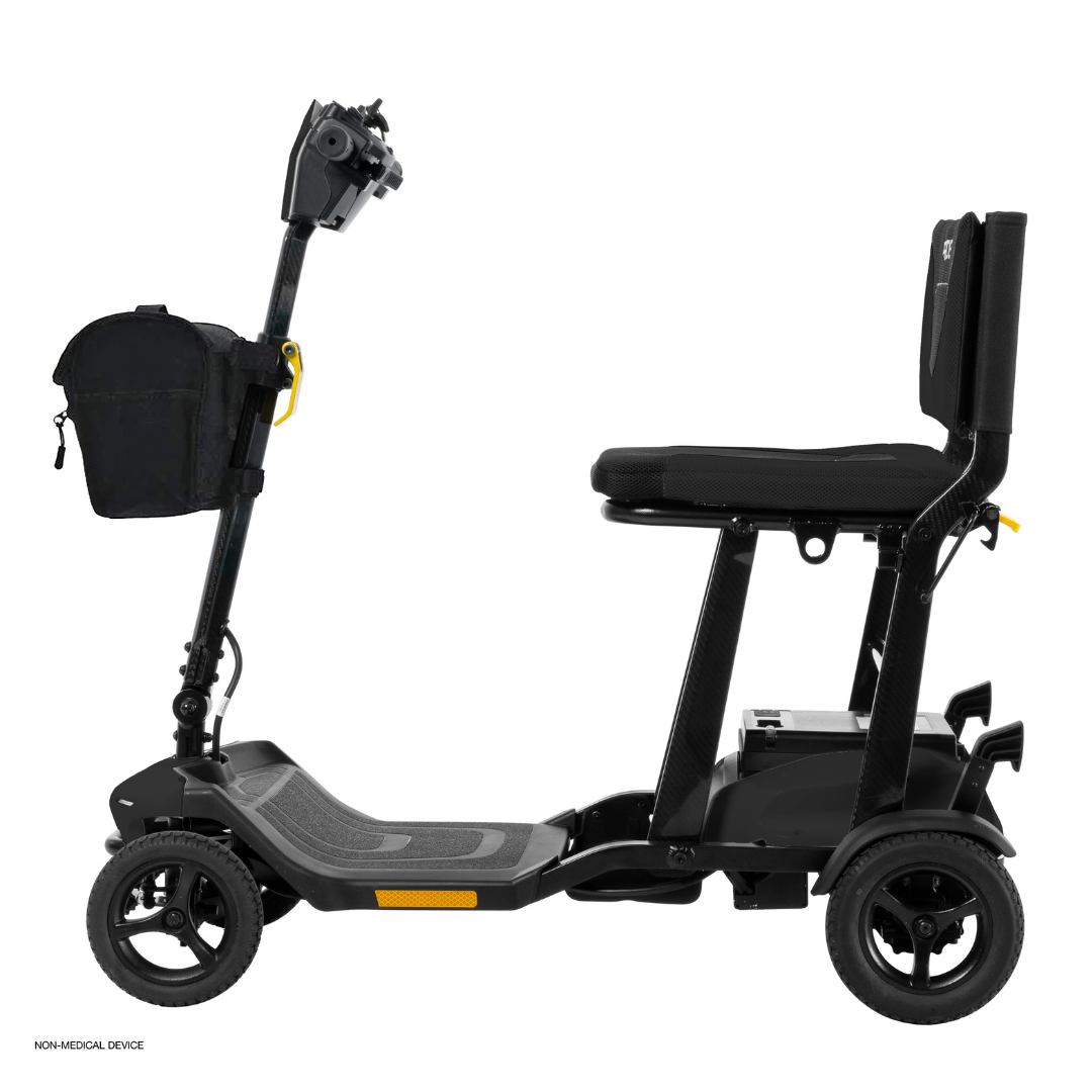 The Pride Mobility Go Go® Super Portable Mobility Scooter is lightweight with a black four-wheel frame, small seat, backrest, handlebar, and storage bag. Its ideal for easy transport and maneuverability, featuring an airline-approved battery for travel convenience.