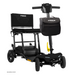 The Pride Mobility Go Go® Super Portable Scooter is a sleek black, lightweight model with three wheels, featuring a comfortable seat, armrests, handlebar, and a small front carrying bag. The Pride logo is on the seat and bag. It includes an airline-approved battery for added convenience.