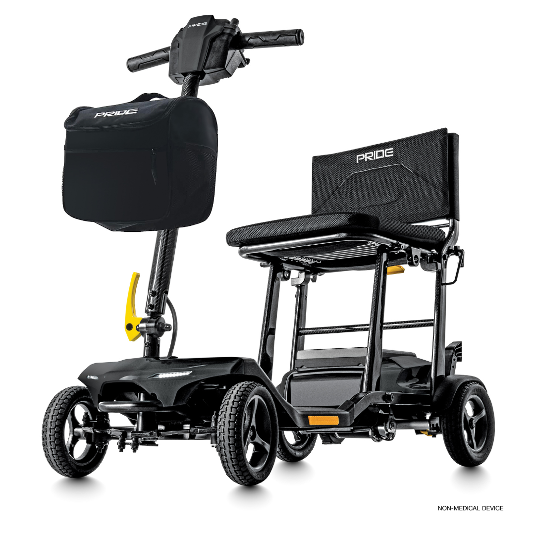 The Pride Mobility Go Go® Super Portable Mobility Scooter features a sleek black design with a compact handlebar, storage pouch, four wheels, and foldable seat with armrests. Its lightweight, ideal for travel with an airline-approved battery, and is labeled as a non-medical device.