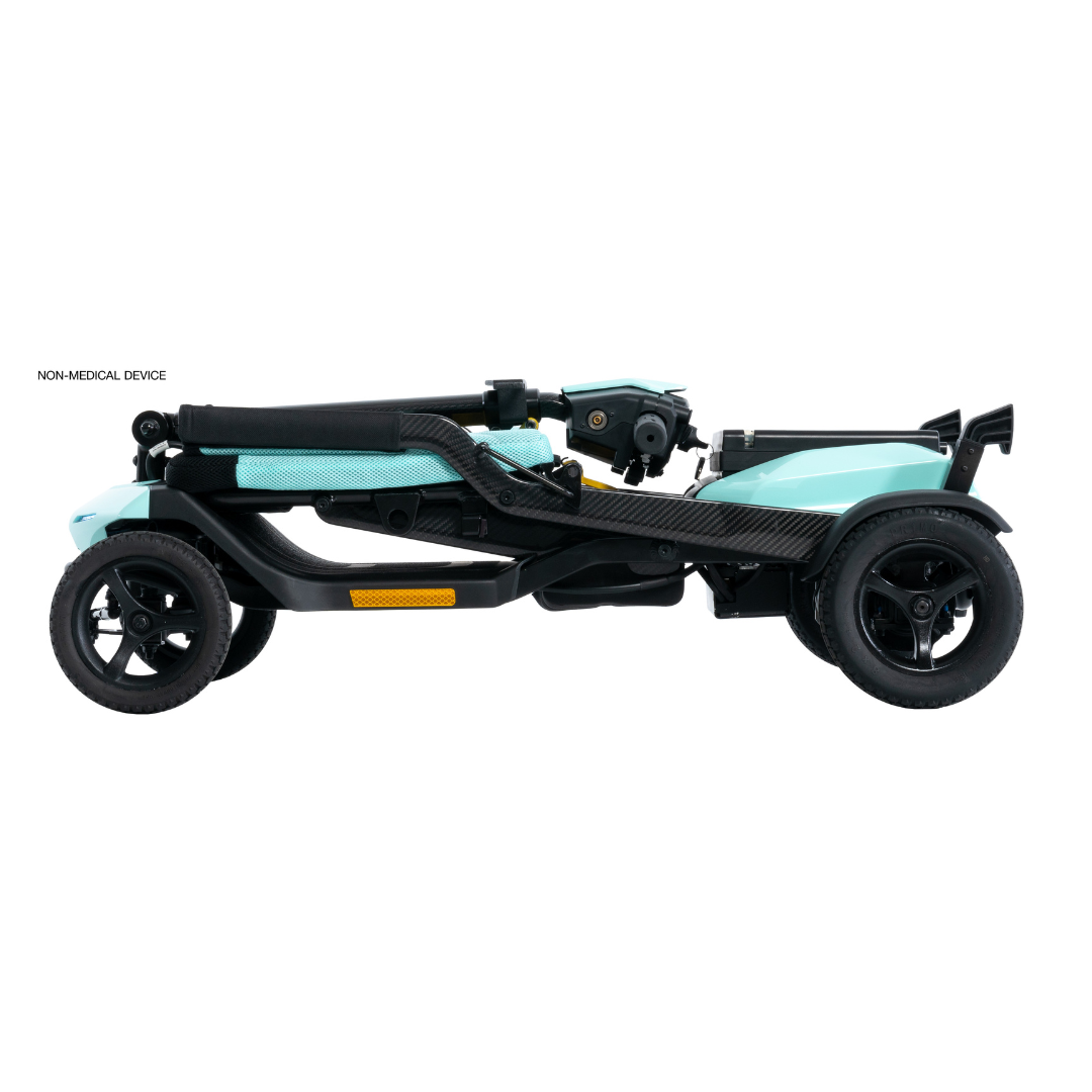 The Pride Mobility Go Go® Super Portable Mobility Scooter is a compact, lightweight scooter with a light blue frame and black wheels. Its easy to transport with textured seat and handles, labeled as a Non-Medical Device, and includes an airline-approved battery for hassle-free travel.