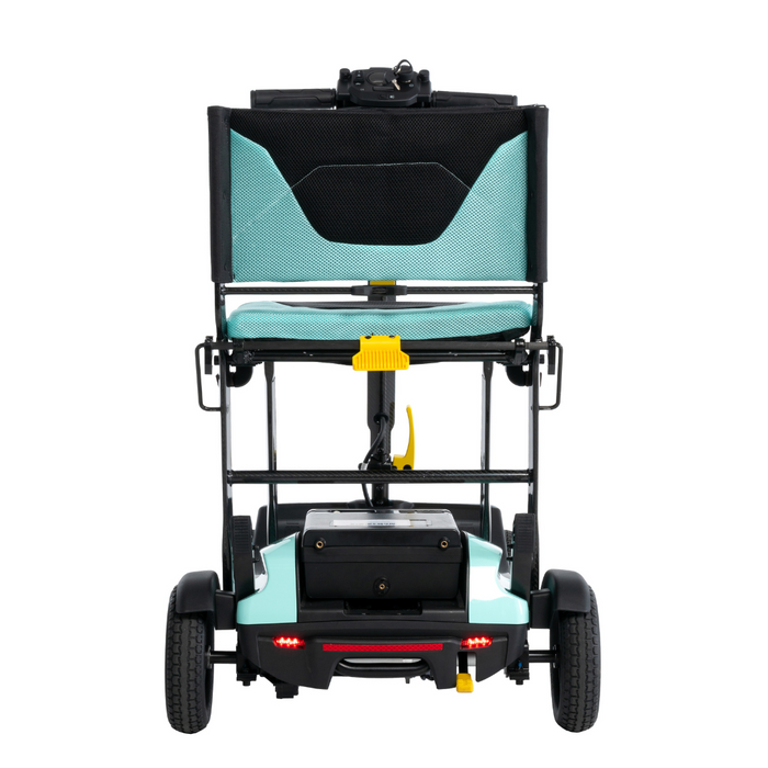 Rear view of the Pride Mobility Go Go® Super Portable Mobility Scooter, a teal and black lightweight three-wheeled scooter with a mesh backrest and airline-approved battery compartment at the base.