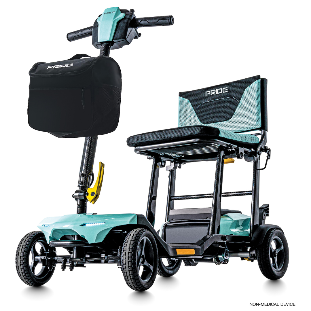 The Pride Mobility Go Go® Super Portable Mobility Scooter features a teal and black foldable design, detachable seat, airline-approved battery, handlebar with storage pouch, and four wheels. Branded Pride, its labeled as a non-medical device for easy travel.