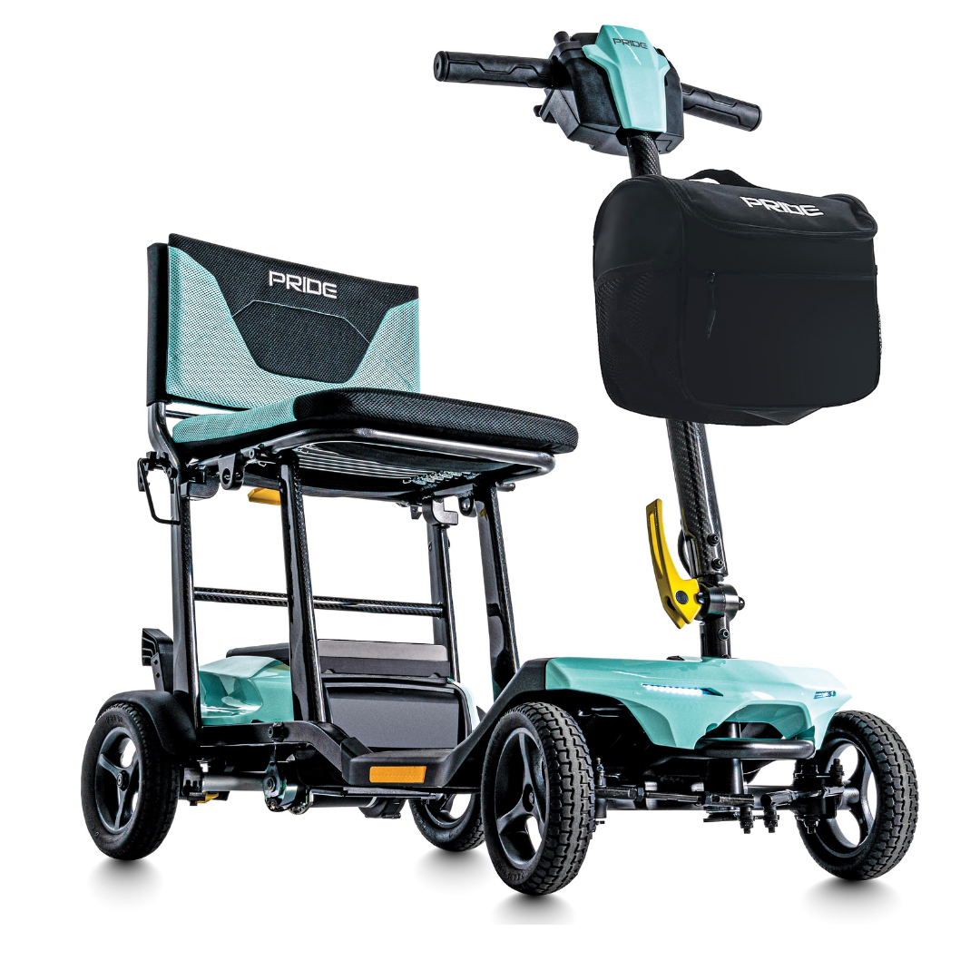 The Pride Mobility Go Go® Super Portable Mobility Scooter is a light blue and black, four-wheel foldable and portable scooter with a cushioned seat, handlebars, and front-mounted black storage bag. It includes an airline-approved battery for easy travel.