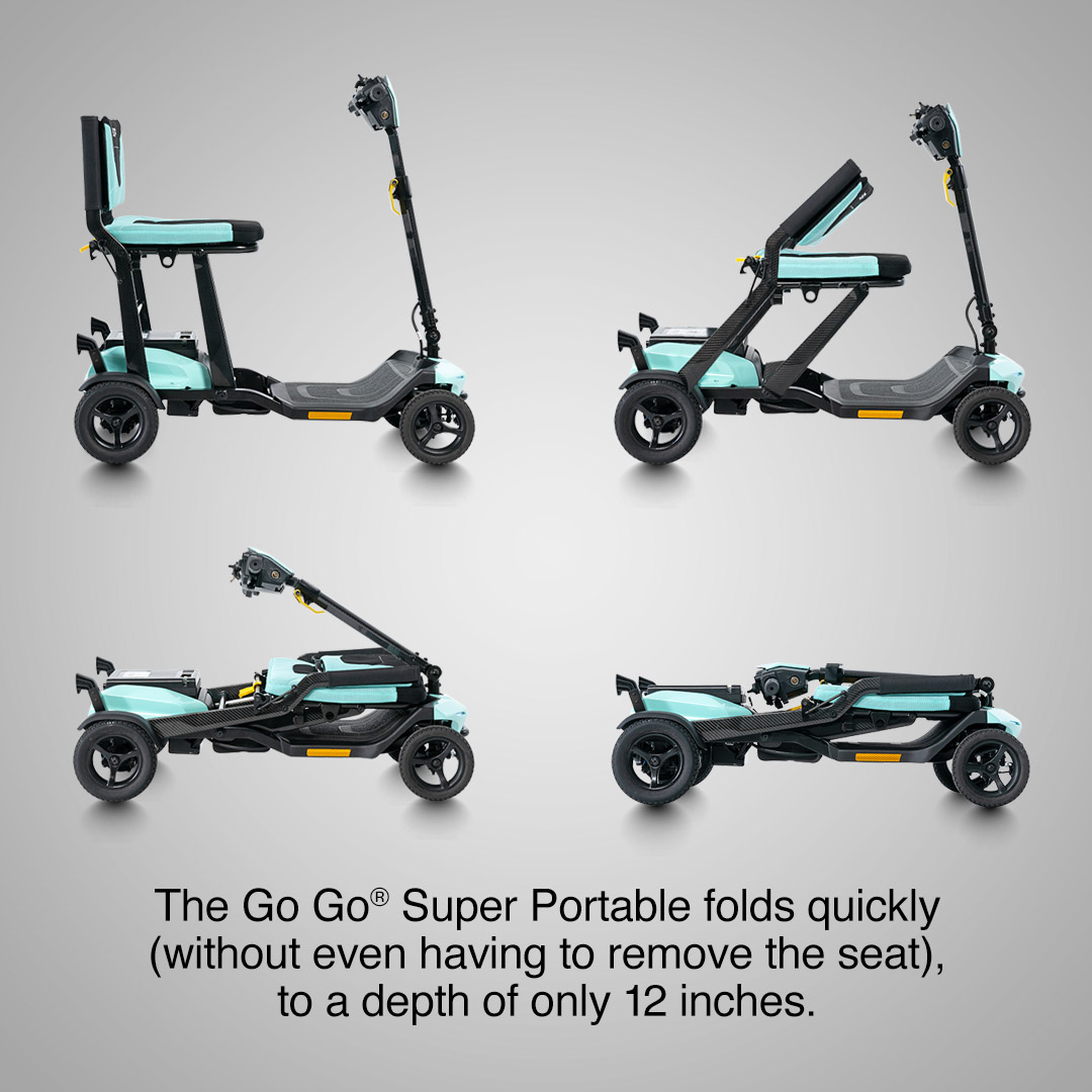 The four images display a teal and black Pride Mobility Go Go® Super Portable Mobility Scooter in various folding stages, from upright to compact. It folds quickly without seat removal to just 12 inches deep and features an airline-approved battery.