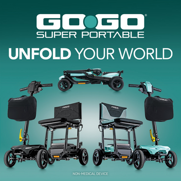 Advertisement featuring the Pride Mobility Go Go® Super Portable Mobility Scooter on a teal background. Showcases its airline-approved battery, emphasizing portability in folded and unfolded states. Text reads, Unfold Your World.
