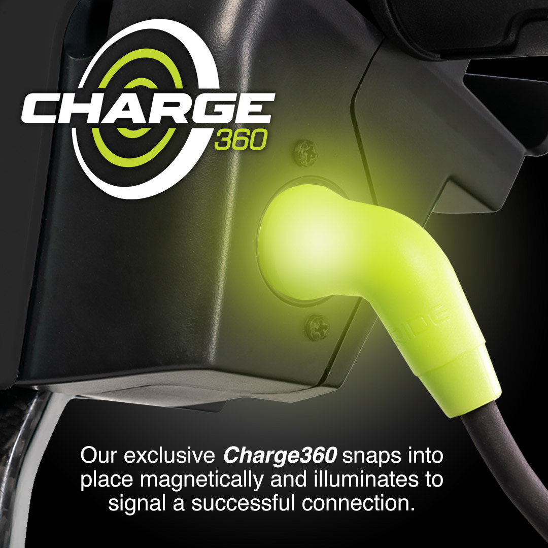 A close-up of a Charge360 device connected to a port shows a glowing green light, signaling success. Ideal for your Pride Mobility Go Go® Super Portable Mobility Scooter, the exclusive Charge360 magnetically snaps into place and lights up when connected.