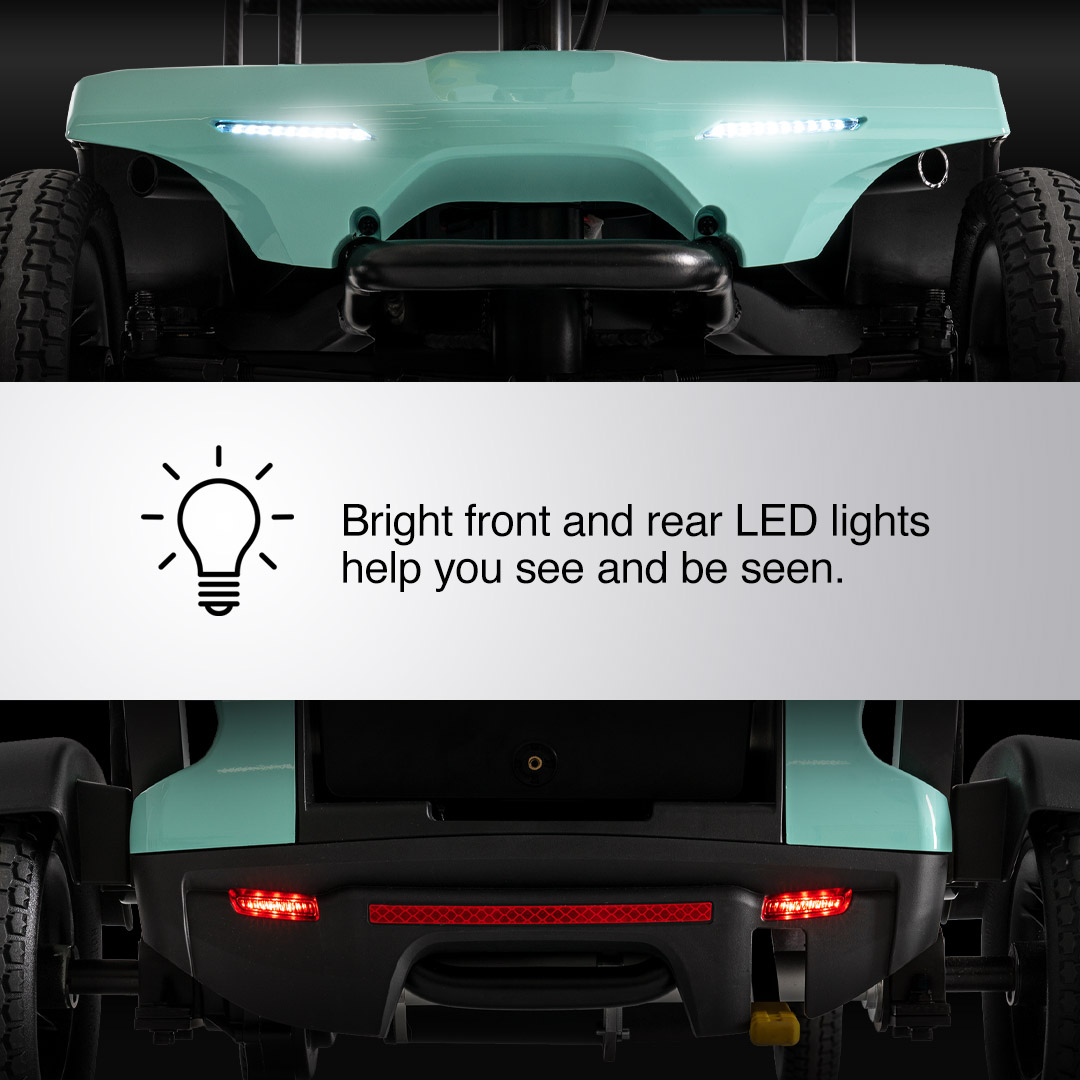 Close-up of the Pride Mobility Go Go® Super Portable Mobility Scooter in turquoise showcasing its front and rear LED lights, highlighted with a lightbulb graphic and text: Bright front and rear LED lights help you see and be seen, ensuring visibility on your journeys.