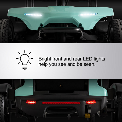 Close-up of the Pride Mobility Go Go® Super Portable Mobility Scooter in turquoise showcasing its front and rear LED lights, highlighted with a lightbulb graphic and text: Bright front and rear LED lights help you see and be seen, ensuring visibility on your journeys.