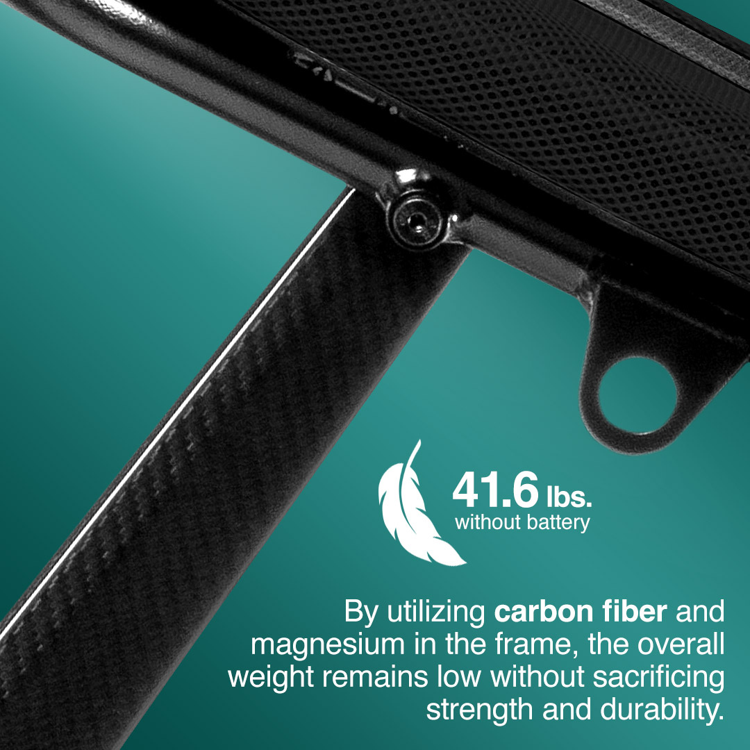 A close-up of the Pride Mobility Go Go® Super Portable Mobility Scooters frame, crafted from carbon fiber and magnesium. Text notes 41.6 lbs. without battery, highlighting its lightweight yet durable nature, suitable for travel with airline-approved batteries against a teal backdrop.