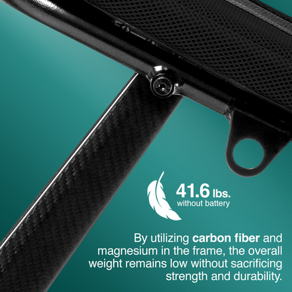 A close-up of the Pride Mobility Go Go® Super Portable Mobility Scooters frame, crafted from carbon fiber and magnesium. Text notes 41.6 lbs. without battery, highlighting its lightweight yet durable nature, suitable for travel with airline-approved batteries against a teal backdrop.