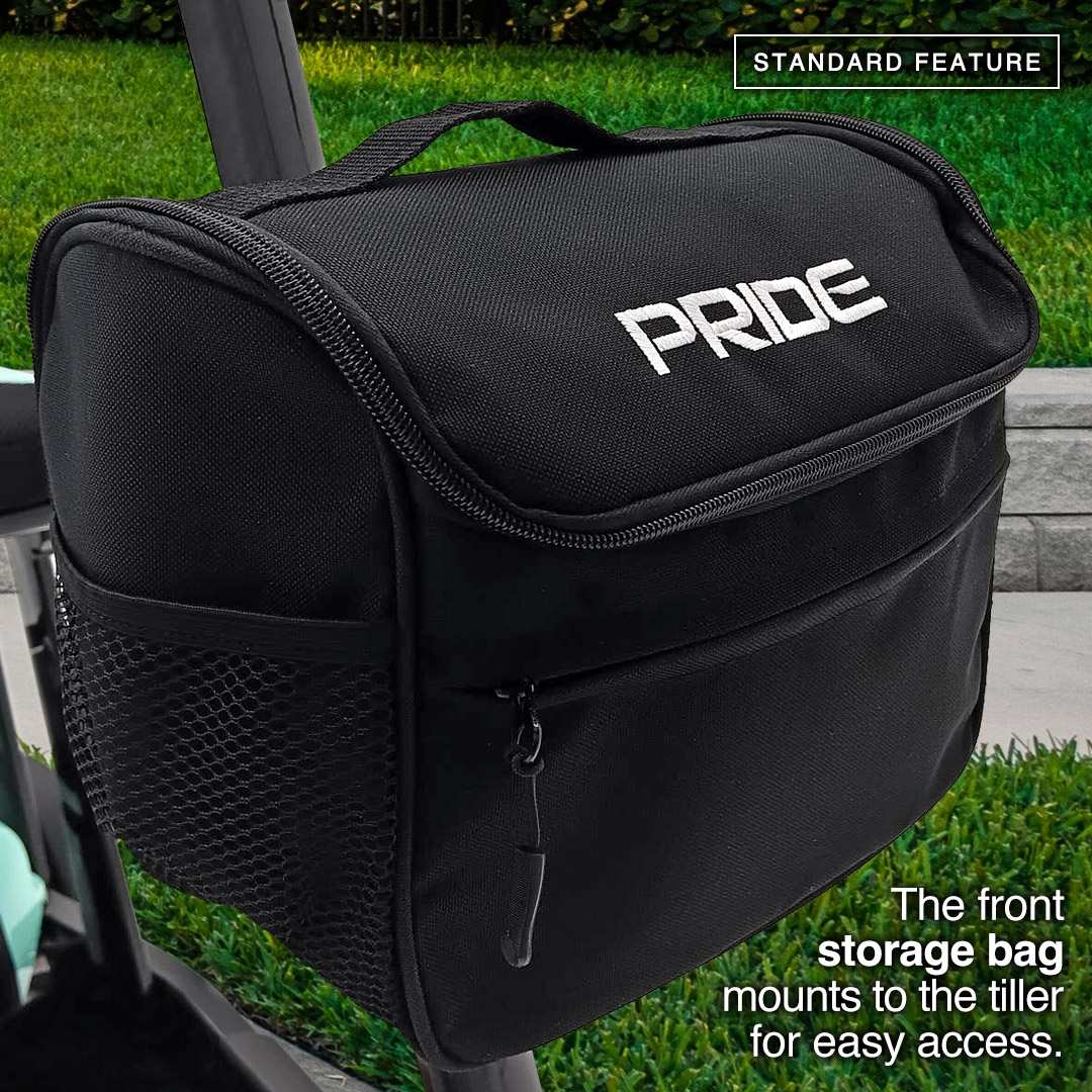 A black storage bag labeled PRIDE is attached to the tiller of the Pride Mobility Go Go® Super Portable Mobility Scooter, featuring a zippered pocket and mesh side pockets as standard features for this lightweight scooter.