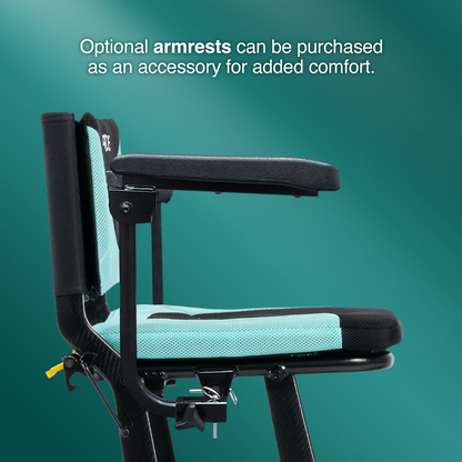 Side view of a chair with an armrest against a green backdrop. Text above reads, Optional armrests can be purchased for added comfort, much like how our Pride Mobility Go Go® Super Portable Mobility Scooter enhances your journey with ease and style.