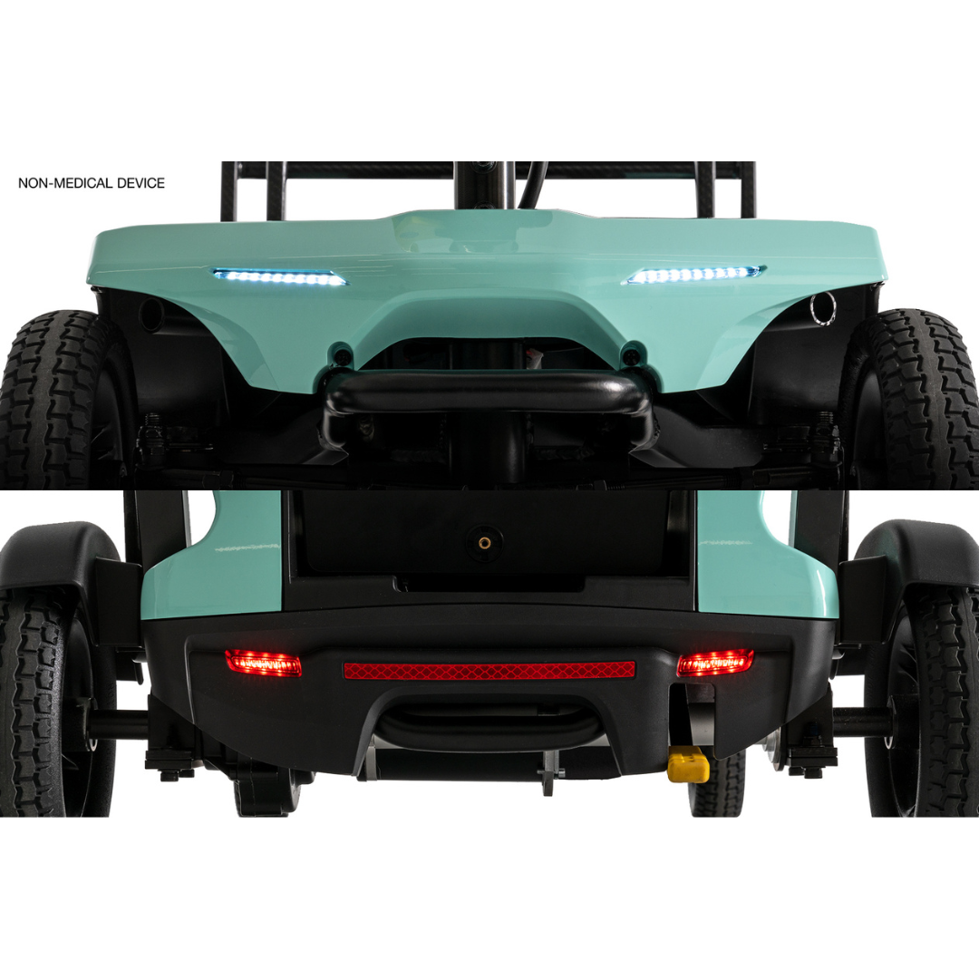 The Pride Mobility Go Go® Super Portable Mobility Scooter in teal has front white lights, rear red lights, black wheels, and a yellow hook. Its marked NON-MEDICAL DEVICE on the upper left and is ideal for travel with its airline-approved battery.
